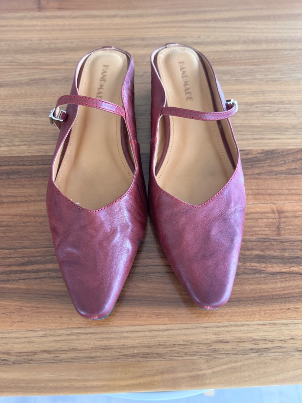 Handmade Burgundy Pointed Mary Jane Flats with Strap